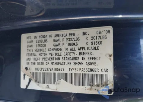 2009 Honda Accord 2.4 Lx из США, поврежденный, VIN 1HGCP26379A165977